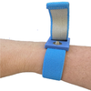 Grounding band with its 6m wire to connect to the earth. Blue anti static wrist strap installed in wrist. Zoomed view. Bracelet de reconnextion à la terre sur poignet.