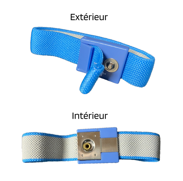 Grounding band with its 6m wire to connect to the earth. Blue anti static wrist strap. Inside and outside view. Bracelet de reconnexion à la terre. Vues extérieure et intérieure.