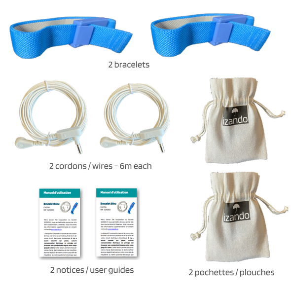 Grounding band set with its 6m wire to connect to the earth, user guide and coton bag. Blue anti static wrist strap. Jeux de deux bracelets de reconnexion à la terre avec cordon, et sac de rangement.