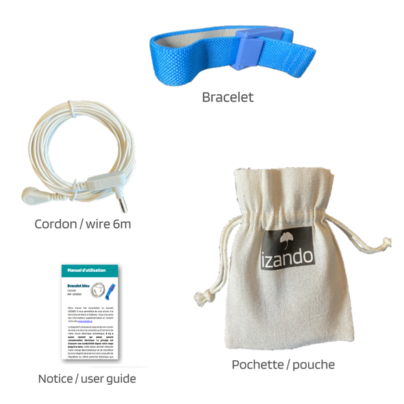 Grounding band set with its 6m wire to connect to the earth, user guide and coton bag. Blue anti static wrist strap. Bracelet de reconnexion à la terre avec cordon et sac de rangement.
