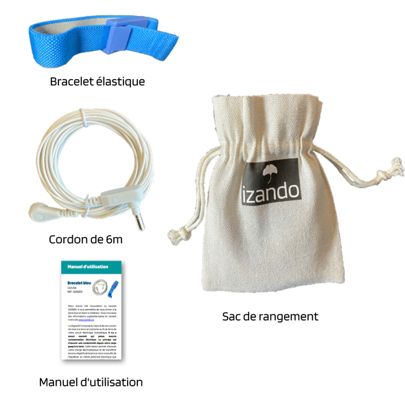 Grounding band set with its 6m wire to connect to the earth, user guide and coton bag. Blue anti static wrist strap. Bracelet élastique connecté à la terre. 