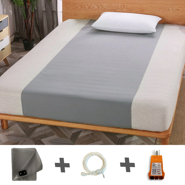 Half bed sheet (grey 90*270cm/35*106 inch) with wire and receptacle tester. 95% cotton, 5% silver. Demi-drap de lit reconnexion à la terre  avec cordon et testeur de prise.