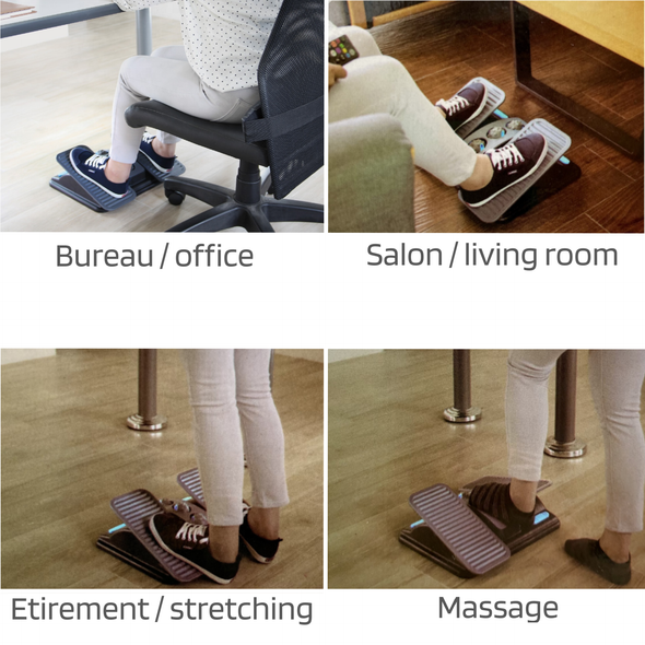 Multifunction footrest, posture, foot massage and leg stretcher. Improve posture and blood circulation in the feet by keeping your legs and feet elevated and active. Relax your feet while working at your desk. Repose pied multifonction.
