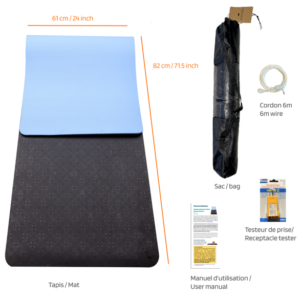 Grounded exercise mat. Optimize your workout by combining your routine with the benefits of reconnecting to the earth. Tapis d'exercices avec reconnexion à la terre