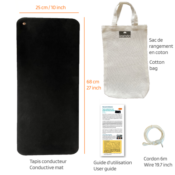 Sous-mains (ou pieds!) reconnexion à la terre. Versatile ground connection mat. Versatile, it can be used as a desk pad, mouse pad, extra pad for feet, arms or other part of the body.