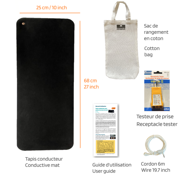 Sous-mains (ou pieds!) reconnexion à la terre. Versatile ground connection mat. Versatile, it can be used as a desk pad, mouse pad, extra pad for feet, arms or other part of the body.