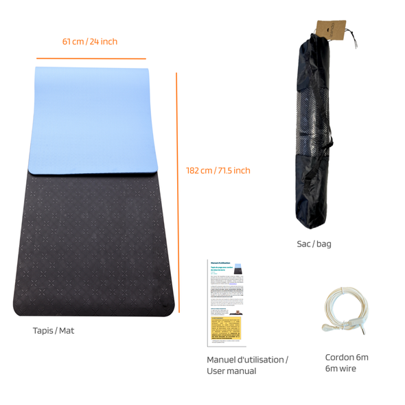 Grounded exercise mat. Optimize your workout by combining your routine with the benefits of reconnecting to the earth. Tapis d'exercices avec reconnexion à la terre