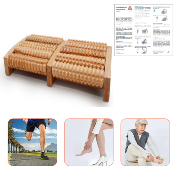 Nomadic wooden massage rollers, lightweight and compact. Dual foot massager. The massager contains ten wooden roller bars Size : 3,5 x 27 x 12,5 cm / 1.3 x 10.6 x 4.7 inch. Double rouleaux de massage pour pieds